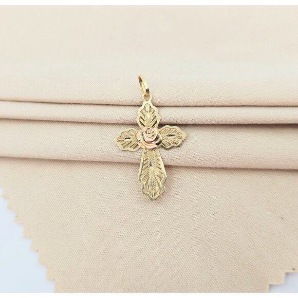 Unique 14K Two Tone Multi Color Gold Religious Floral Flower Cross Charm Pendant - Picture 3 of 11